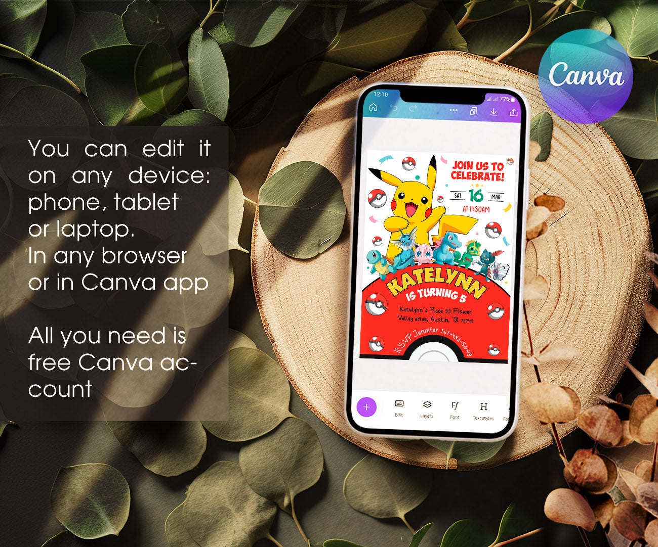 Pokemon Pikachu customizable invitation template | Share or Print | JL825
