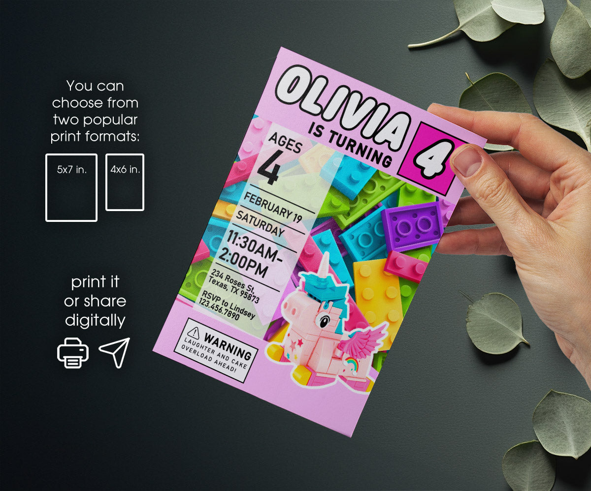 Lego Magical Unicorn customizable invitation template | Share or Print | girl | CT556