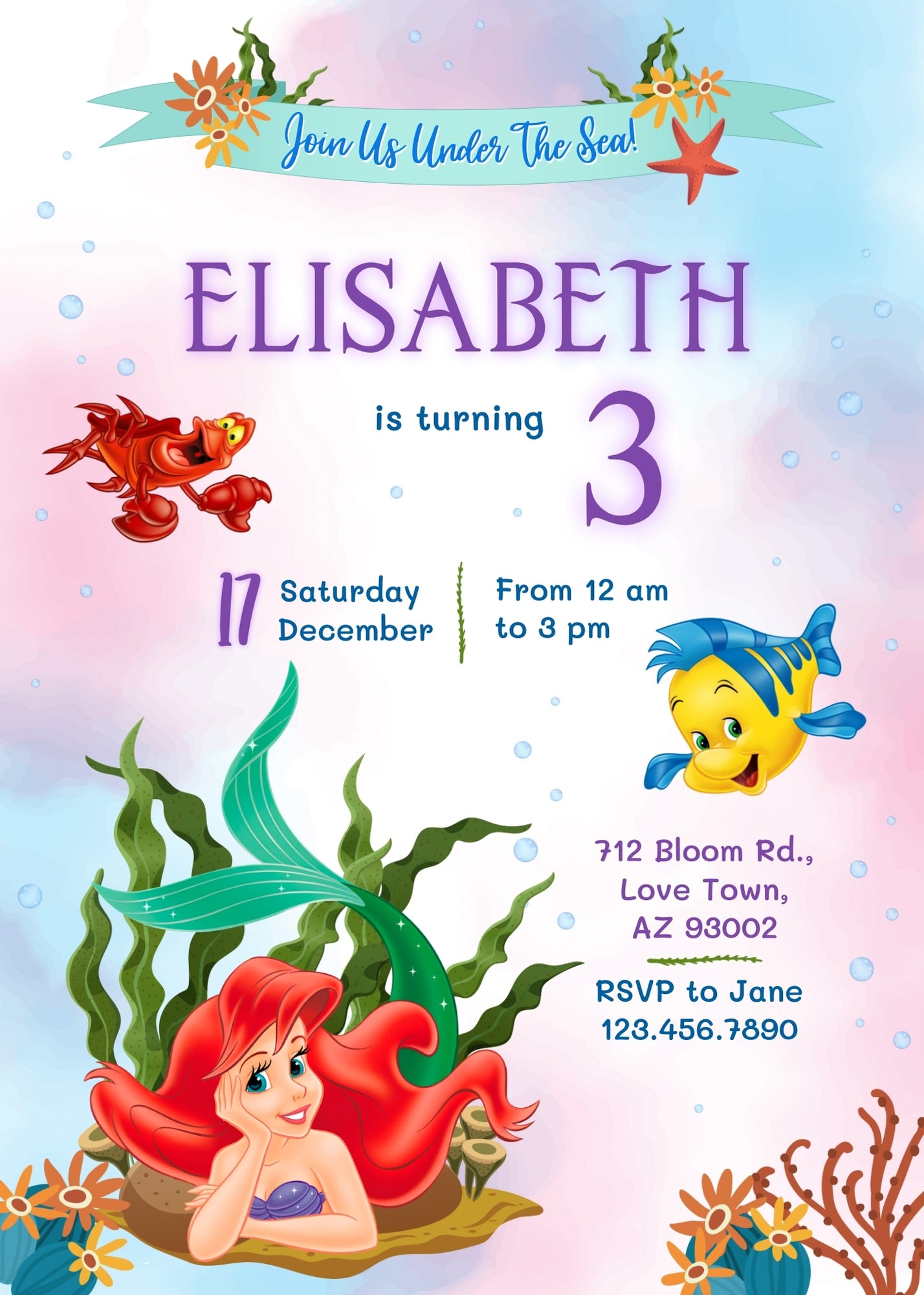 Ariel The Little Mermaid customizable invitation template | Share or Print | girl | MQ123