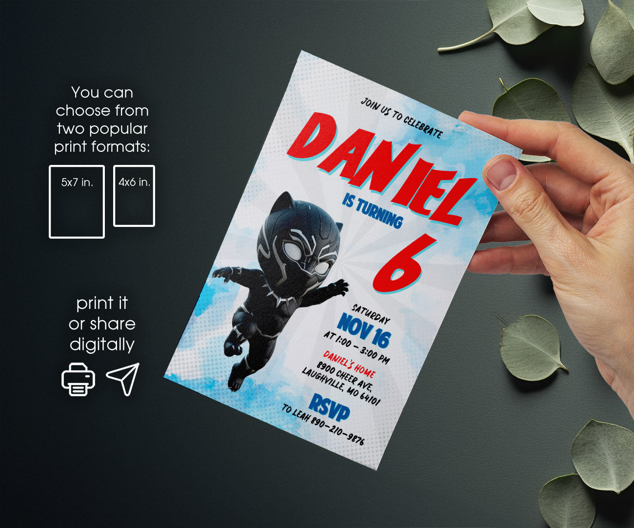 Black Panther Superhero Marvel customizable invitation template | Share or Print | boy | QO473