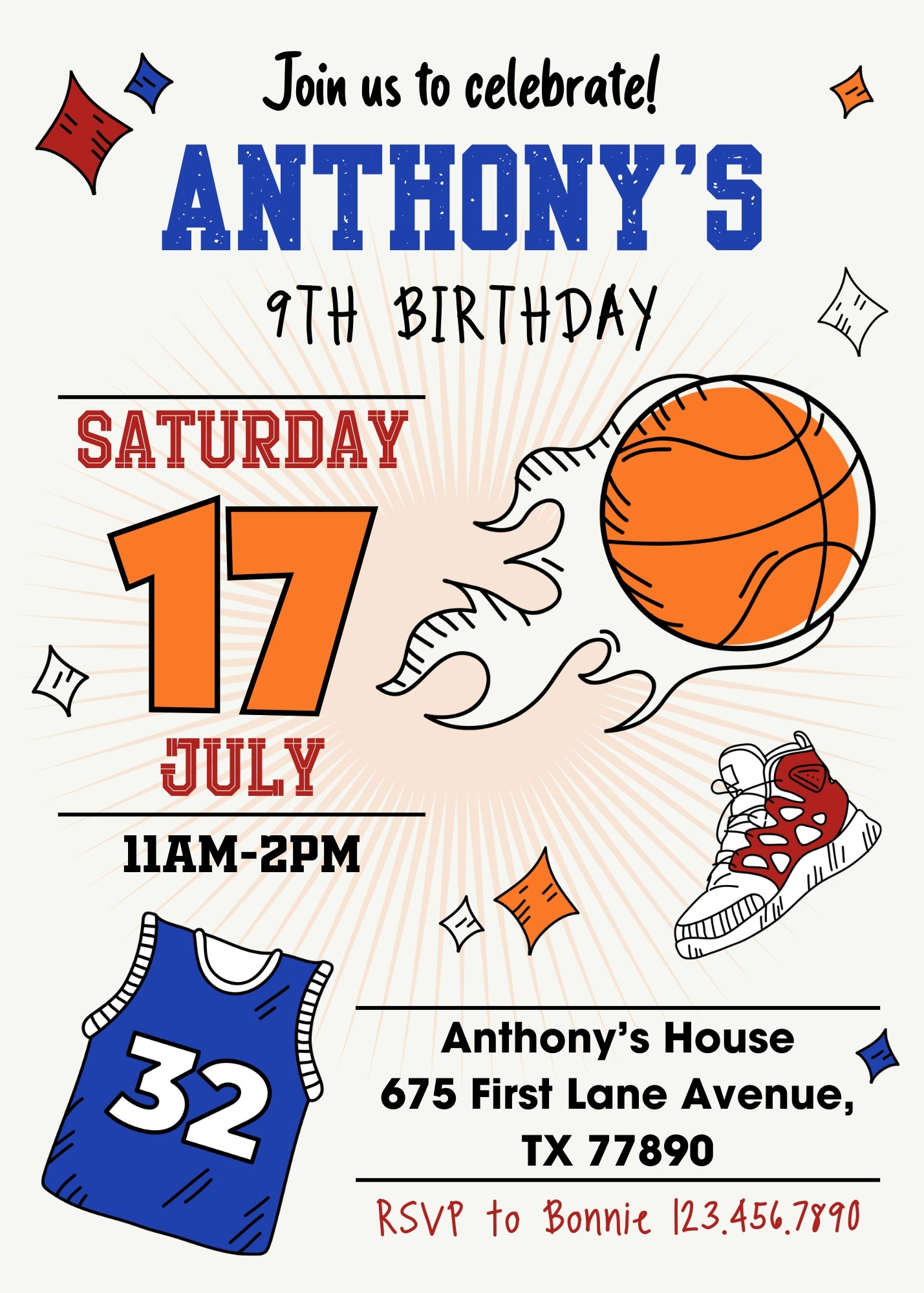 Basketball NBA Slam Dunk customizable invitation template | Share or Print | boy | PI857