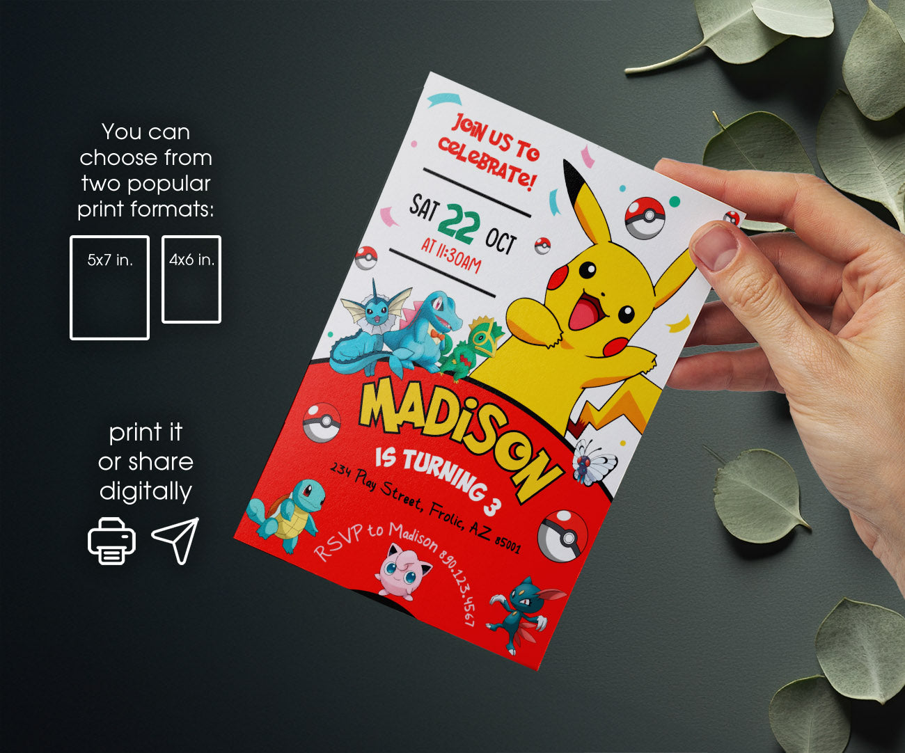Pokemon Pikachu customizable invitation template | Share or Print | KT223