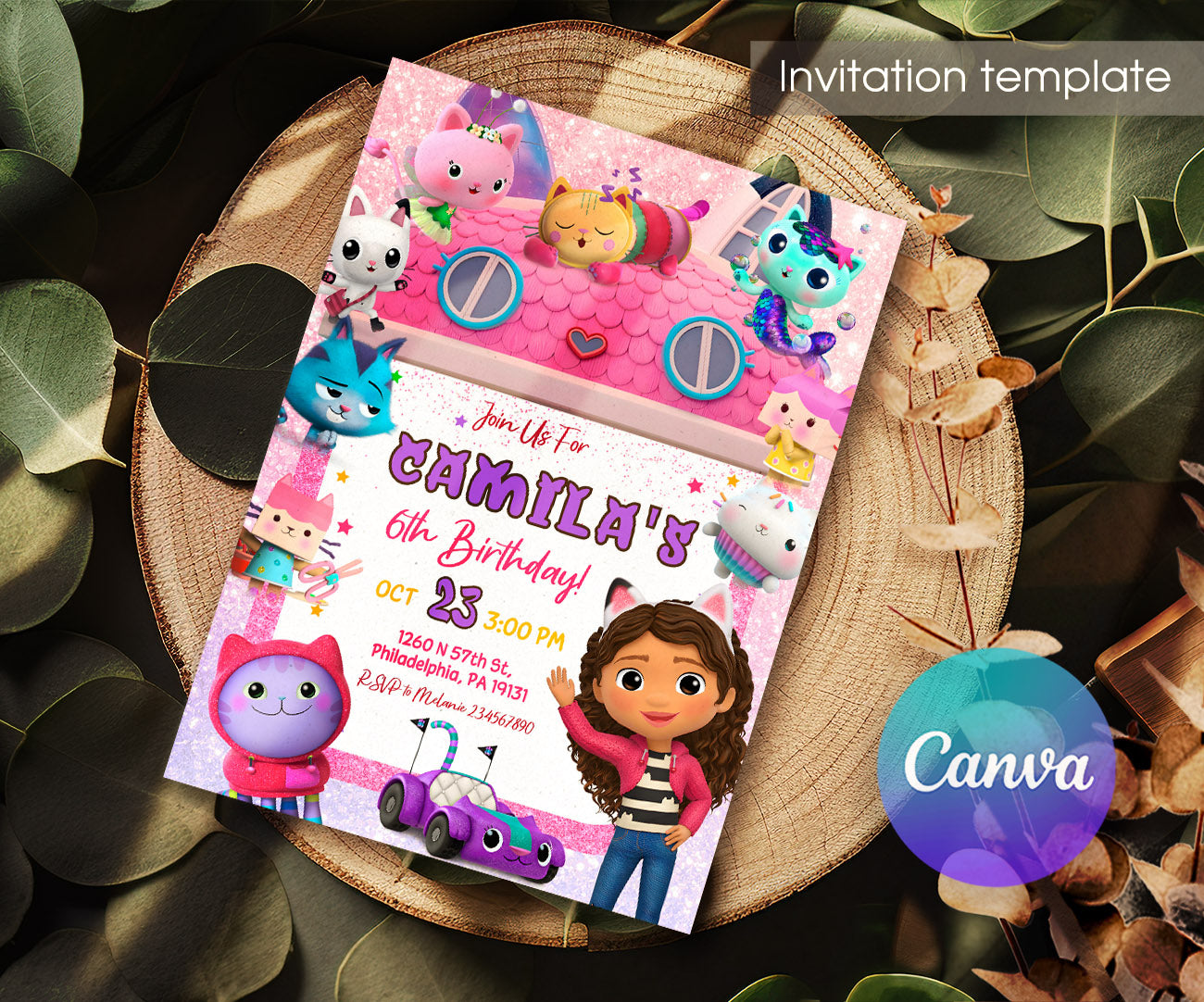 Gabby's Dollhouse Kitten customizable invitation template | Share or Print | girl | ZT644