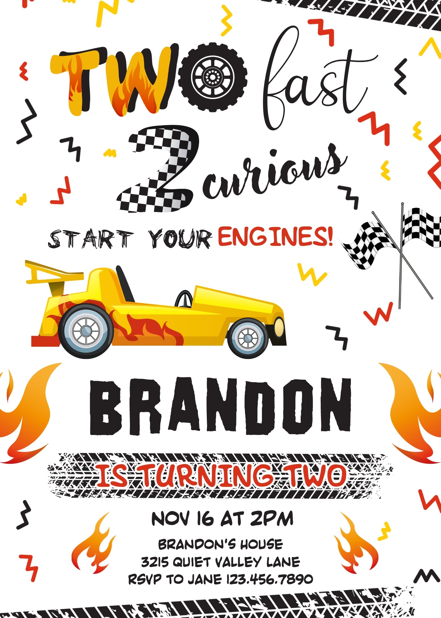Race Car 2nd Bday Watercolor customizable invitation template | Share or Print | boy | JH231