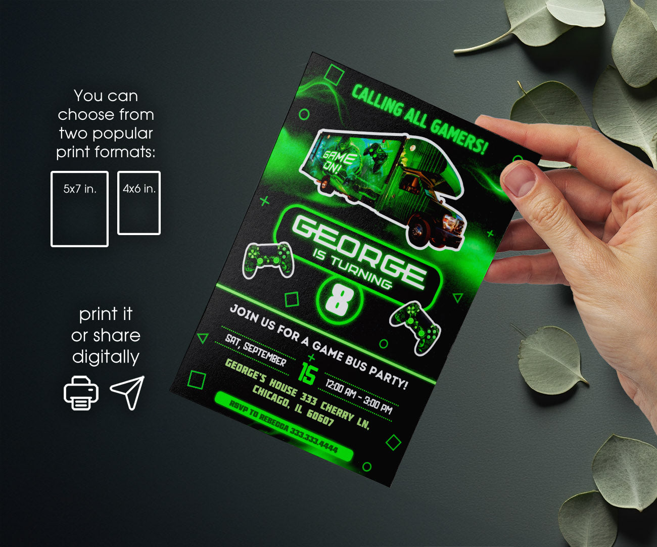 Video Game Bus Gamer customizable invitation template | Share or Print | boy | NM584