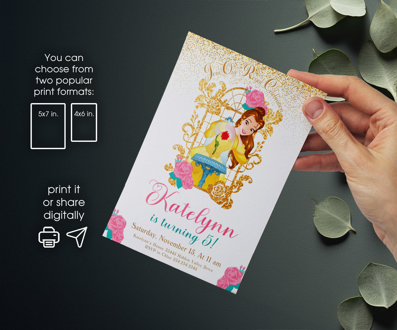 Belle Beauty And The Beast customizable invitation template | Share or Print | girl | NG254