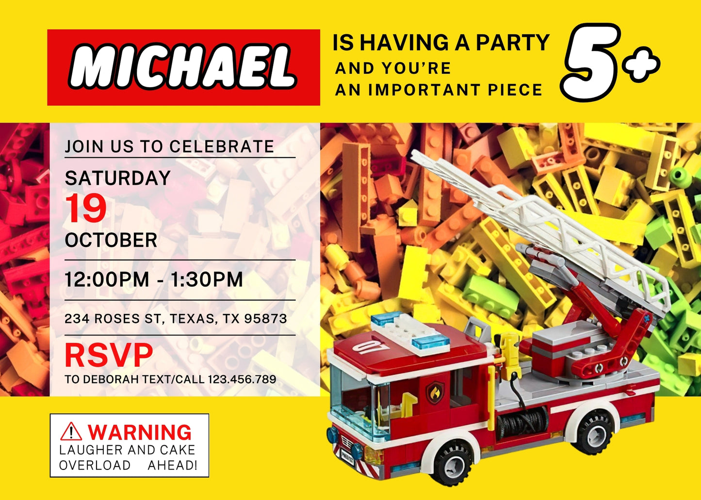 Lego Fire Truck customizable invitation template | Share or Print | boy | KO920