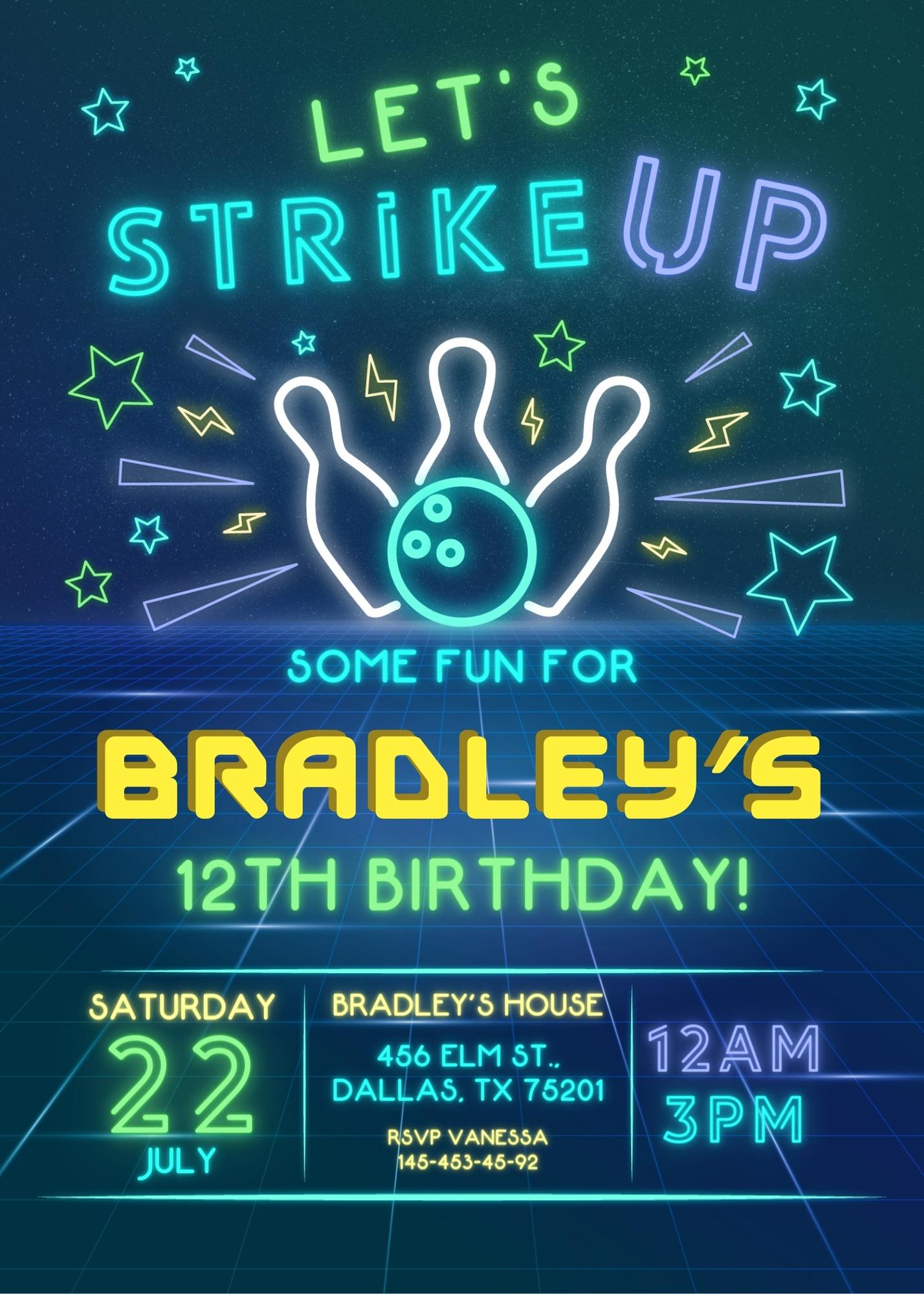 Bowling Strike Up customizable invitation template | Share or Print | QI359