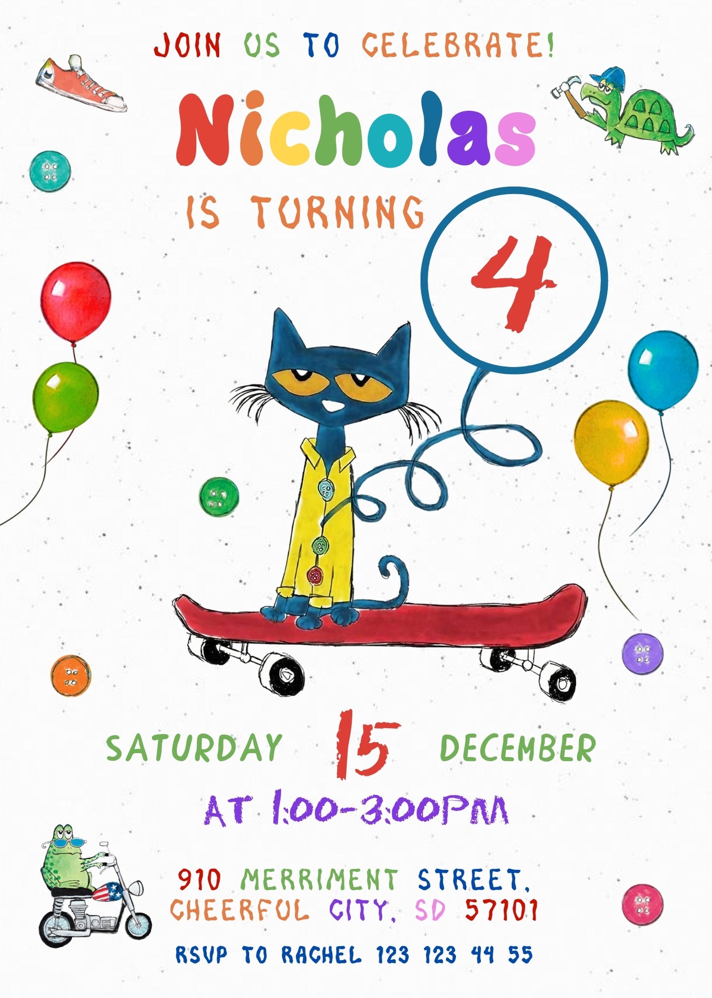 Pete the Cat customizable invitation template | Share or Print | PM090