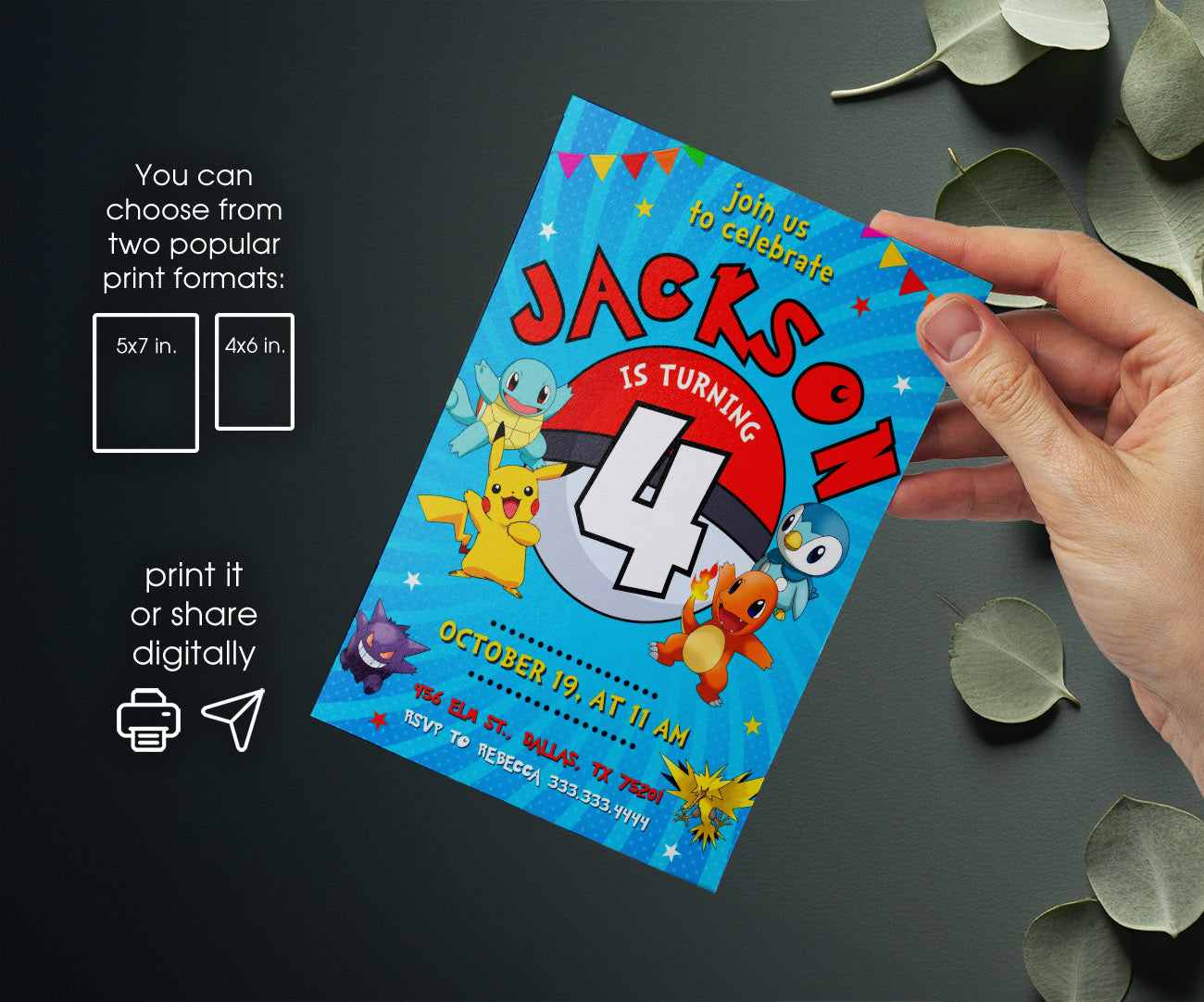 Pokemon Pikachu customizable invitation template | Share or Print | LY987