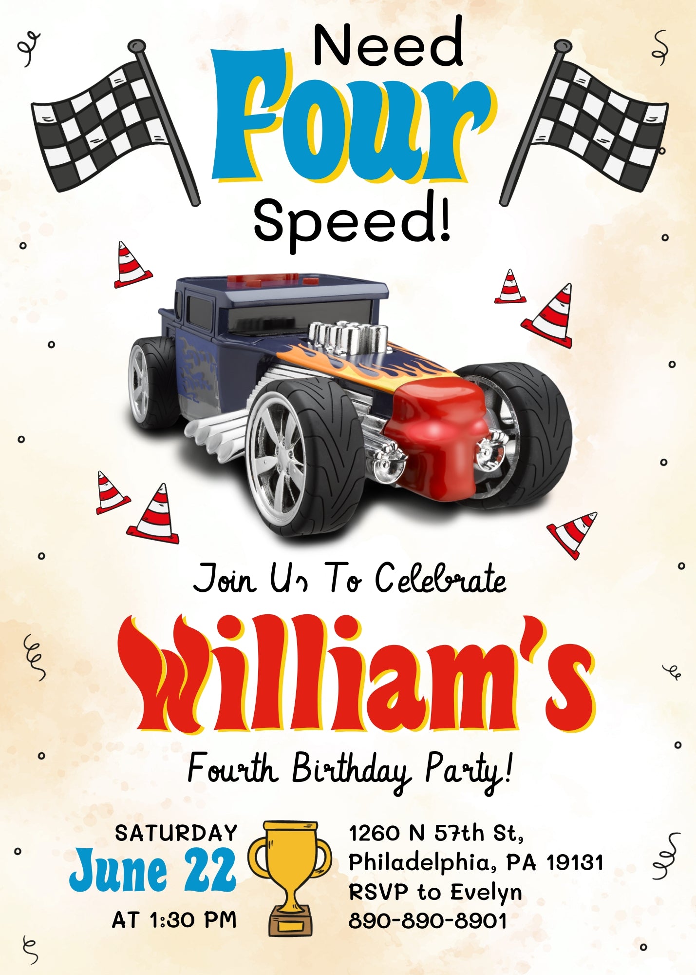 Hot Wheels Need Four Speed customizable invitation template | Share or Print | boy | LF122