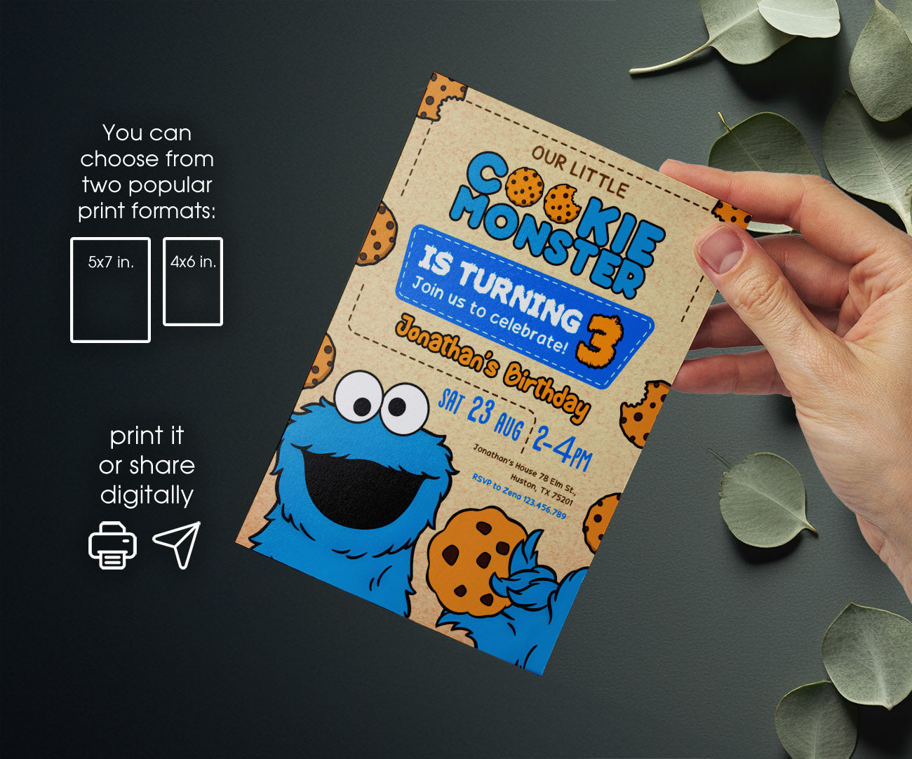 Sesame Street Cookie Monster customizable invitation template | Share or Print | BY298