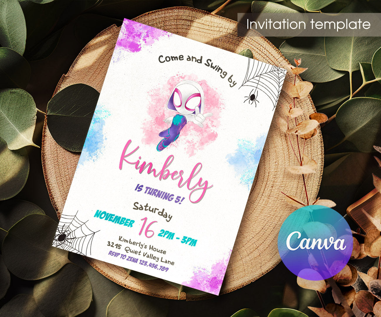 Spider Gwen Ghost Spidey customizable invitation template | Share or Print | girl | AJ612