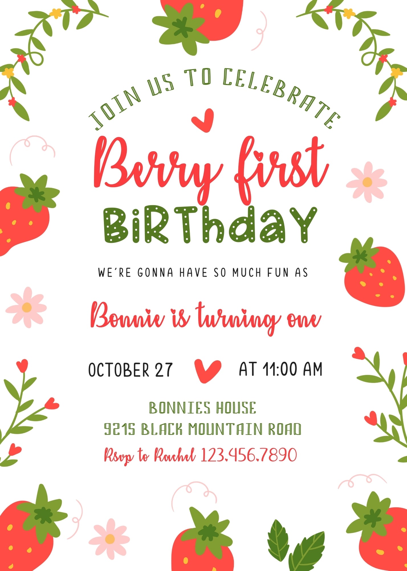 Berry First Birthday customizable invitation template | Share or Print | girl | DN337