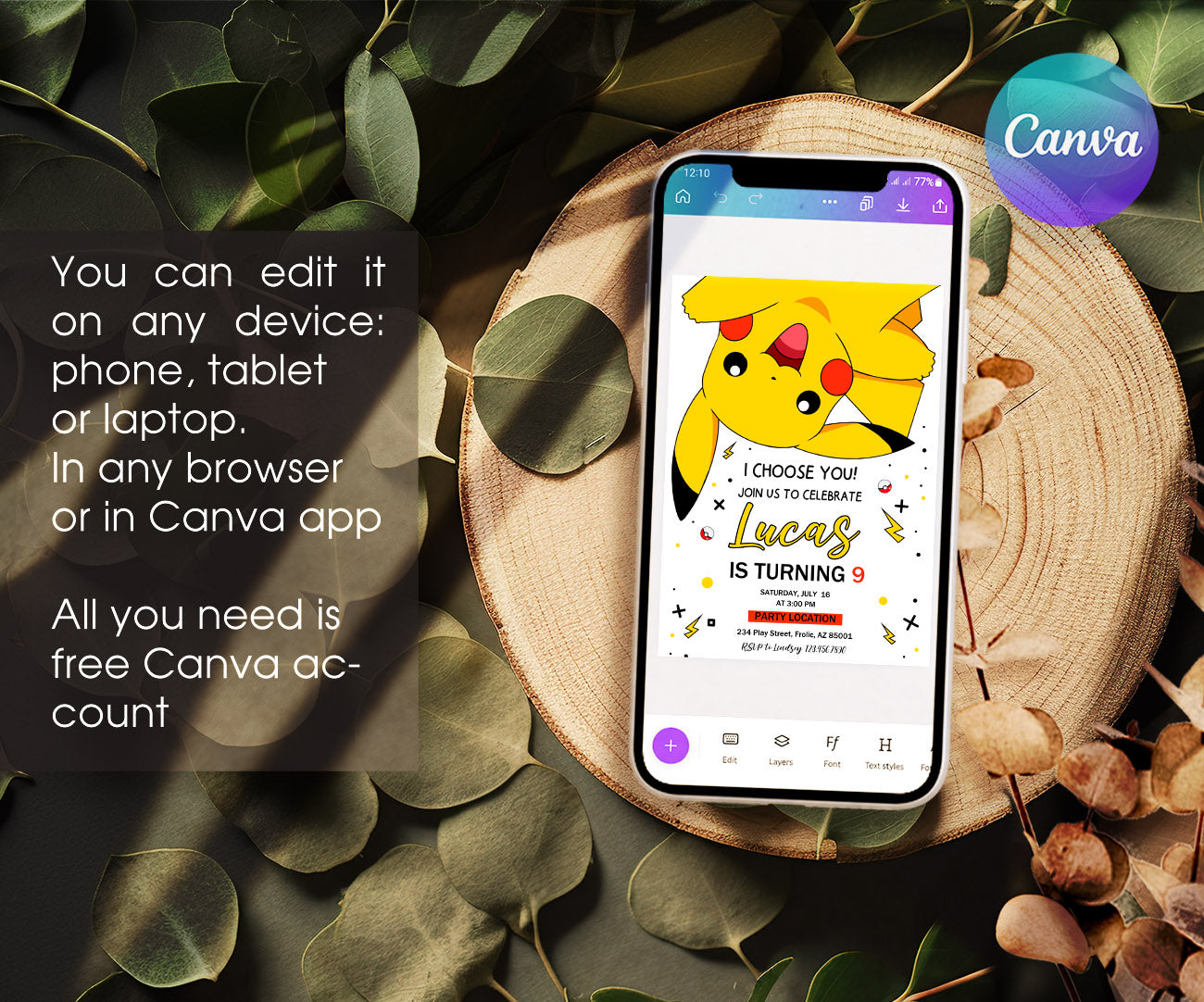 Pokemon Pikachu customizable invitation template | Share or Print | FD968