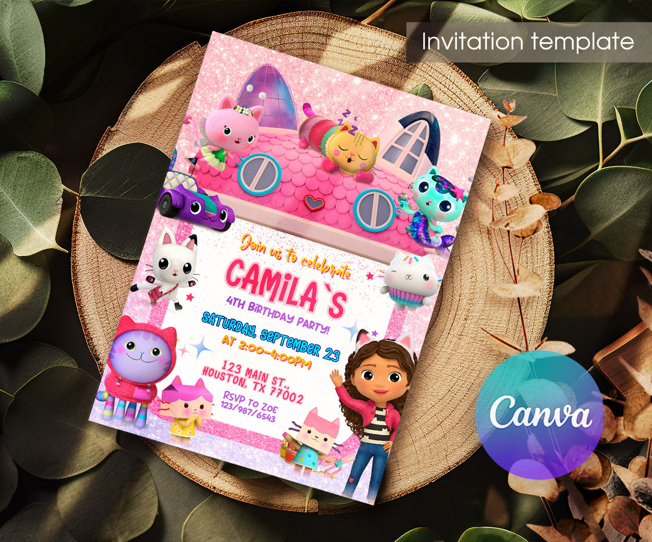 Gabby's Dollhouse Kitten customizable invitation template | Share or Print | girl | EM511