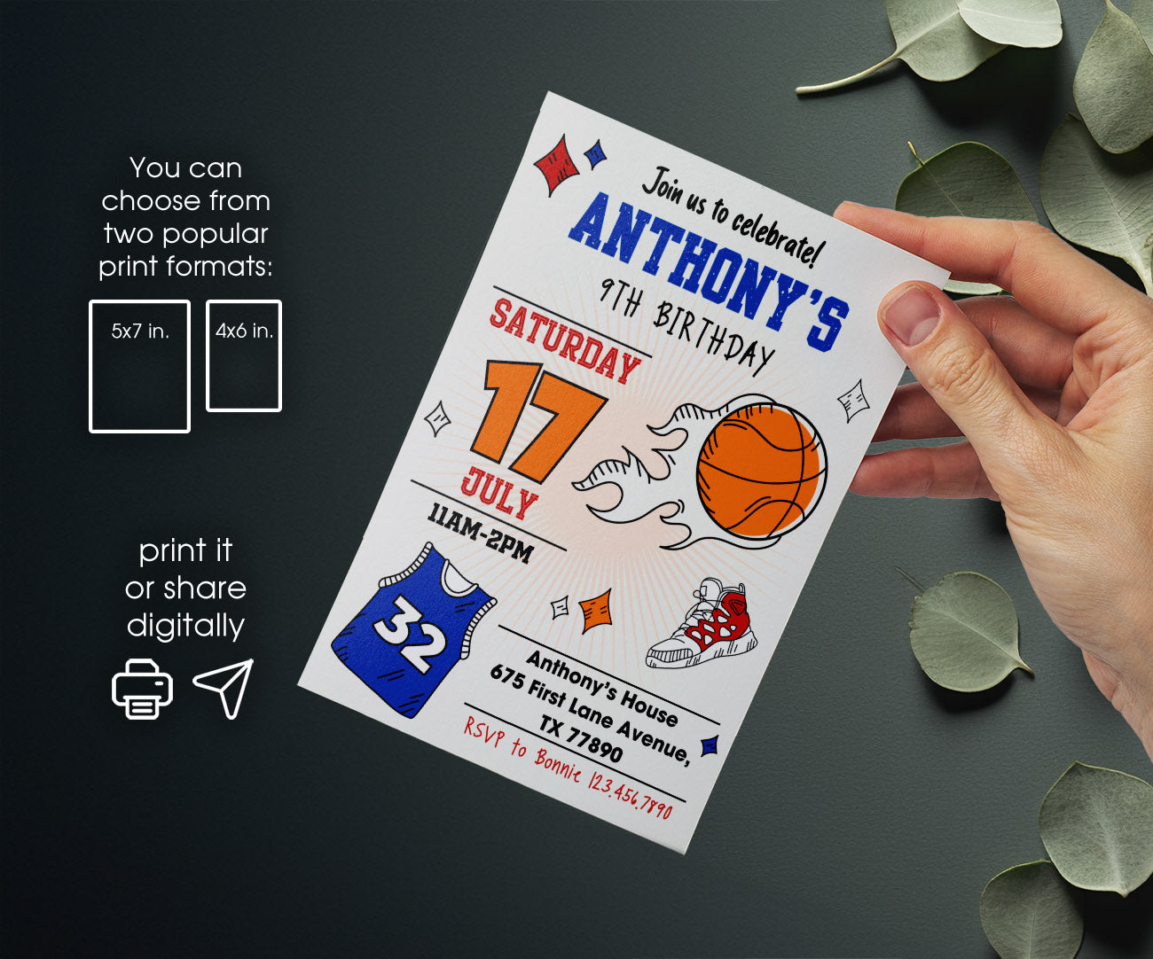 Basketball NBA Slam Dunk customizable invitation template | Share or Print | boy | PI857