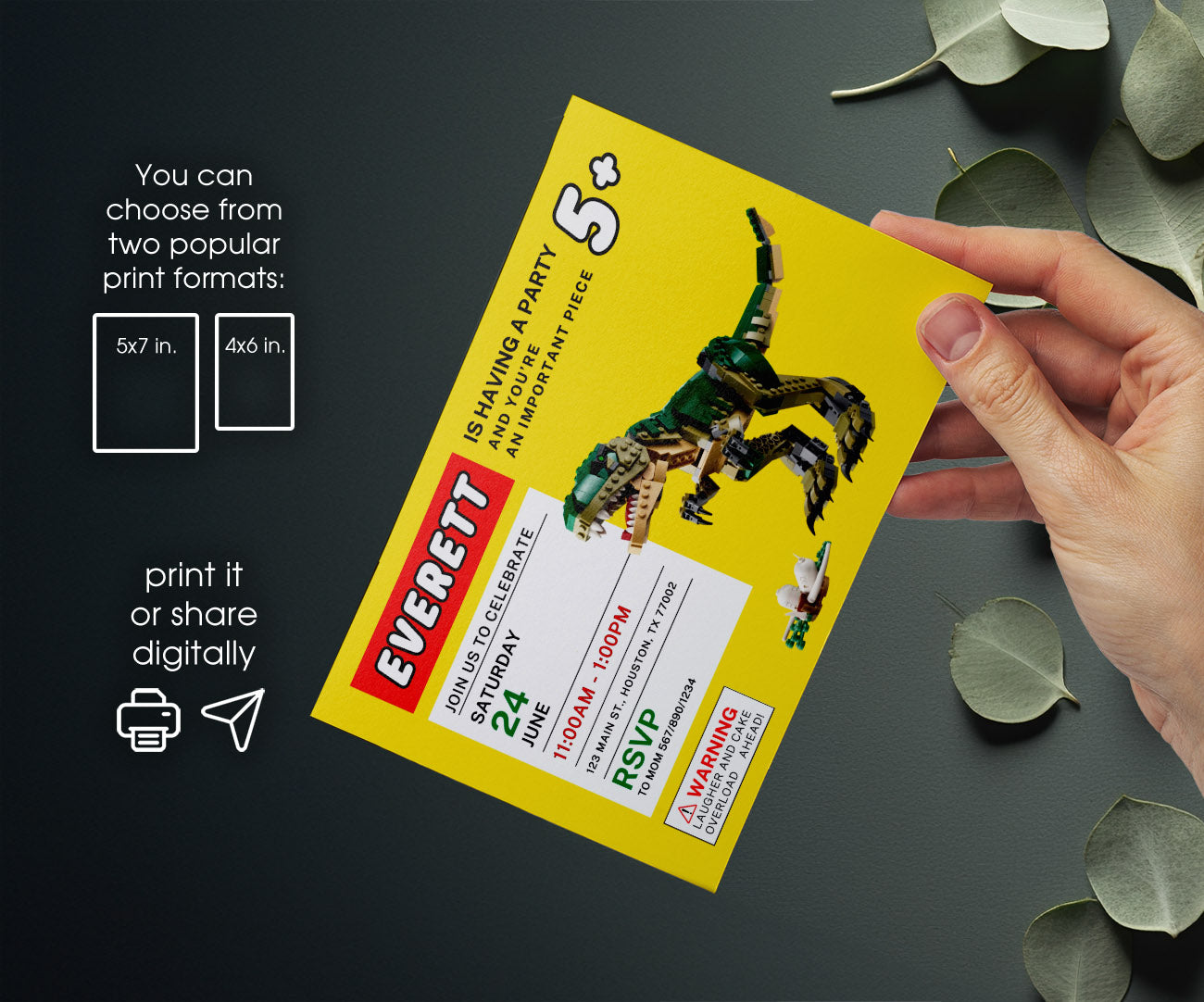 Lego Dinosaur T-Rex customizable invitation template | Share or Print | DP481