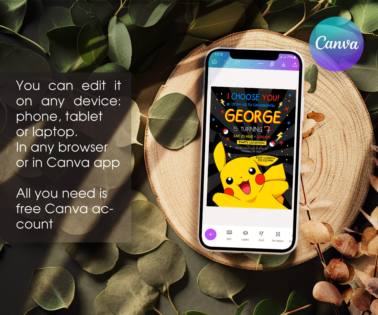 Pokemon Pikachu customizable invitation template | Share or Print | NU383