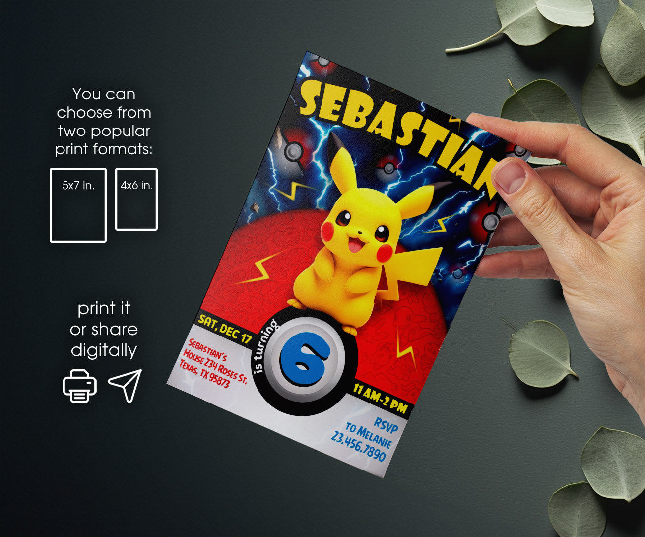 Pokemon Pikachu customizable invitation template | Share or Print | JR797