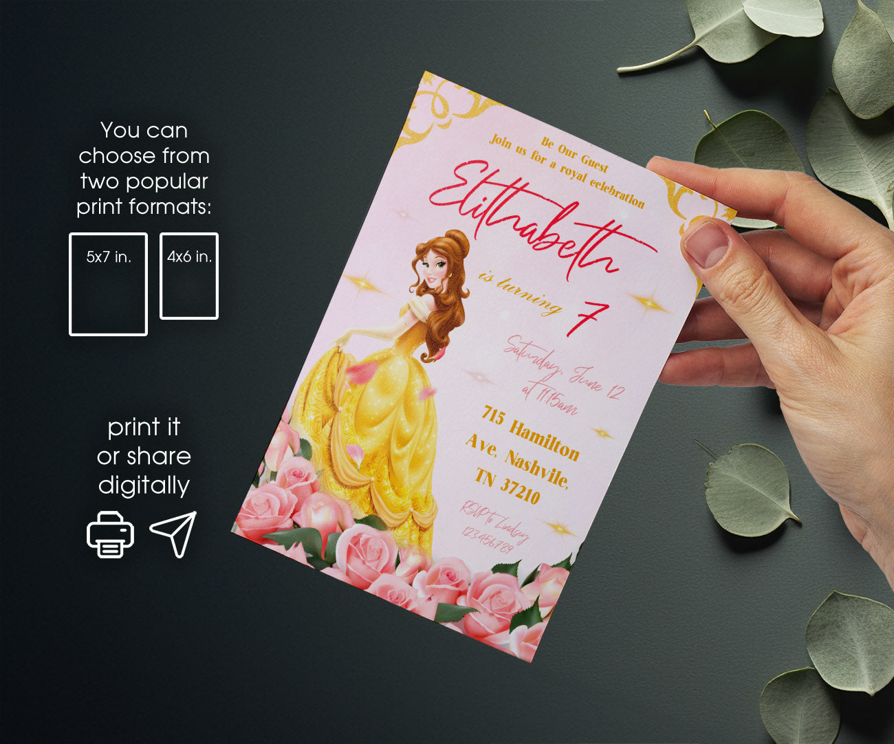 Belle Beauty And The Beast customizable invitation template | Share or Print | girl | DD696