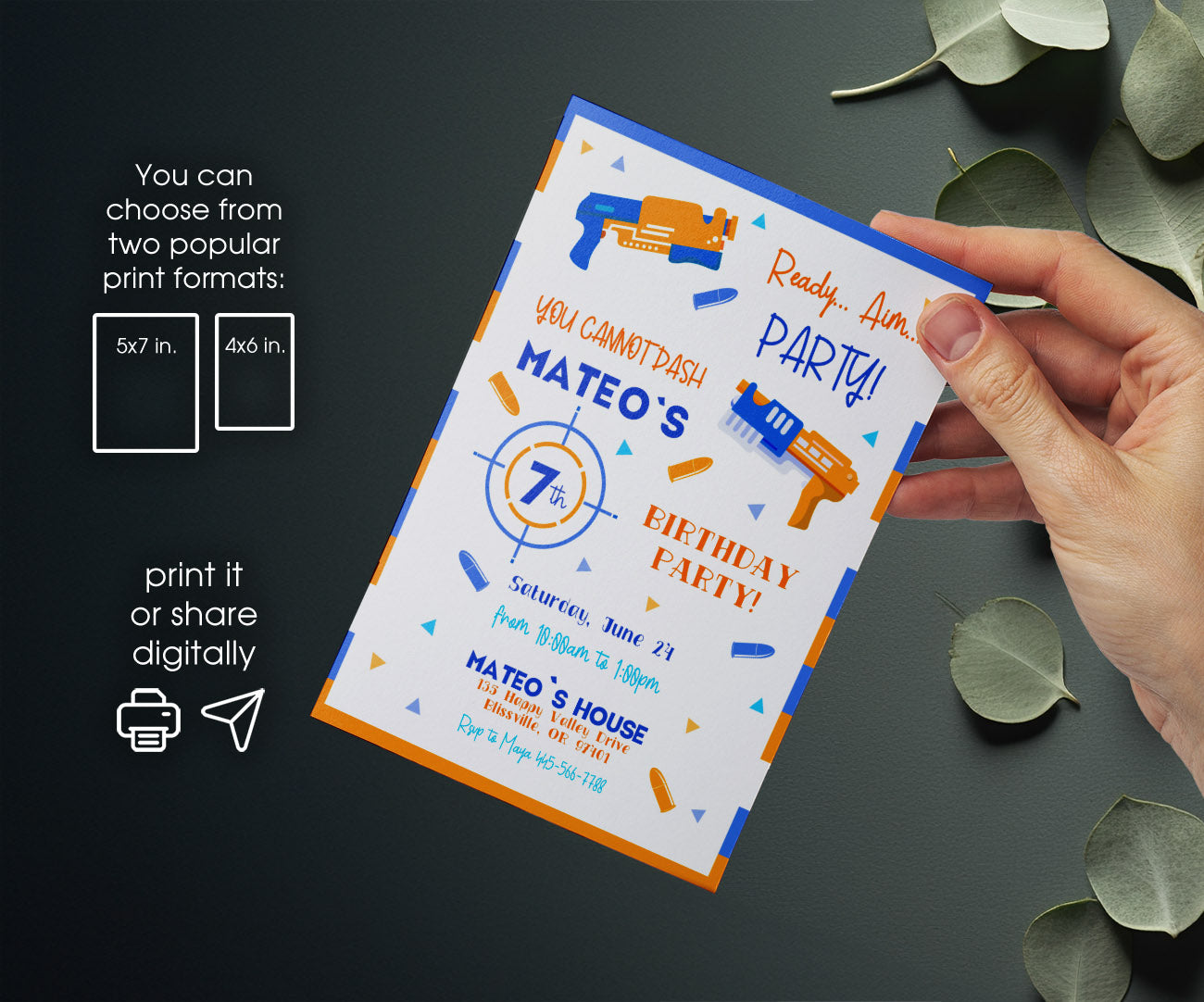 NERF Dart Wars customizable invitation template | Share or Print | boy | FD679