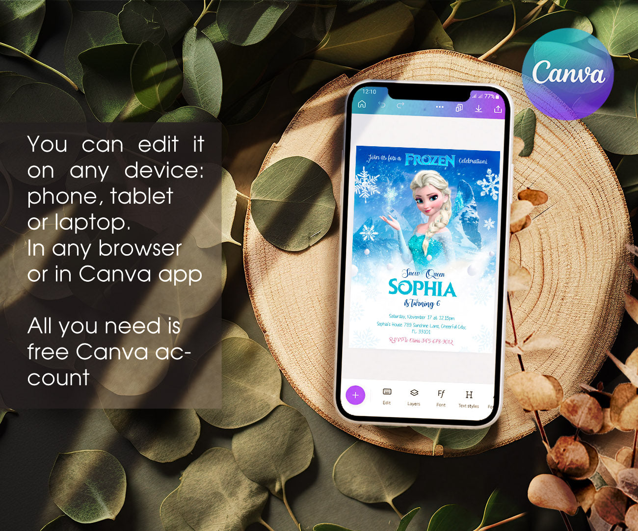 Frozen Elsa customizable invitation template | Share or Print | girl | DS899