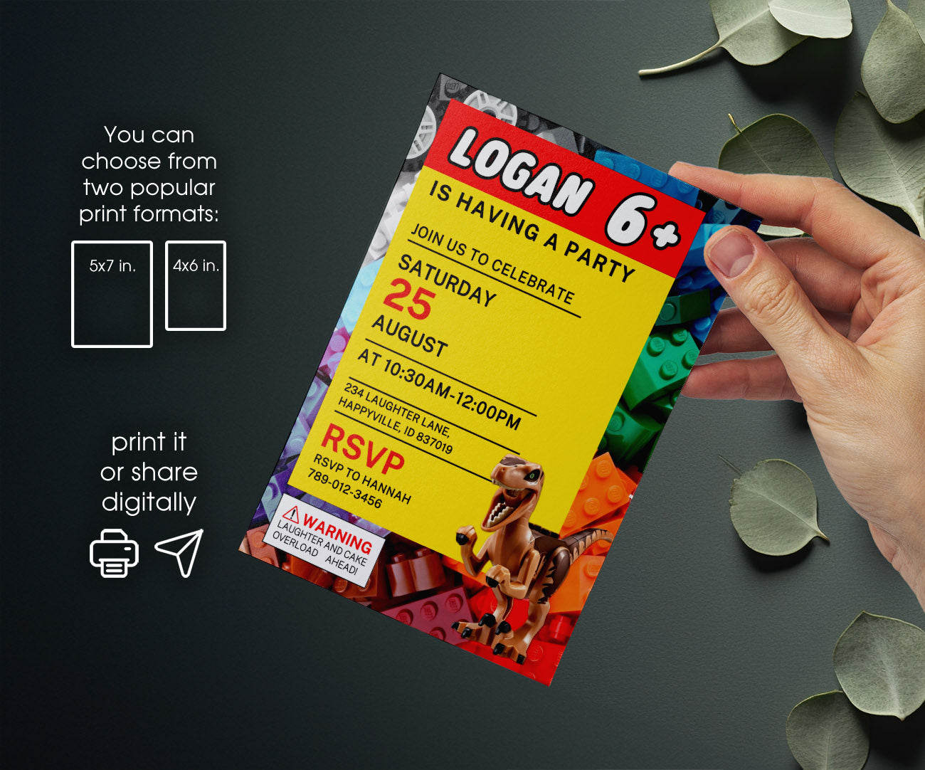 Lego Dinosaur T-Rex customizable invitation template | Share or Print | UU171