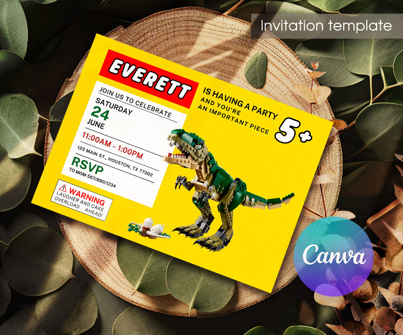 Lego Dinosaur T-Rex customizable invitation template | Share or Print | DP481
