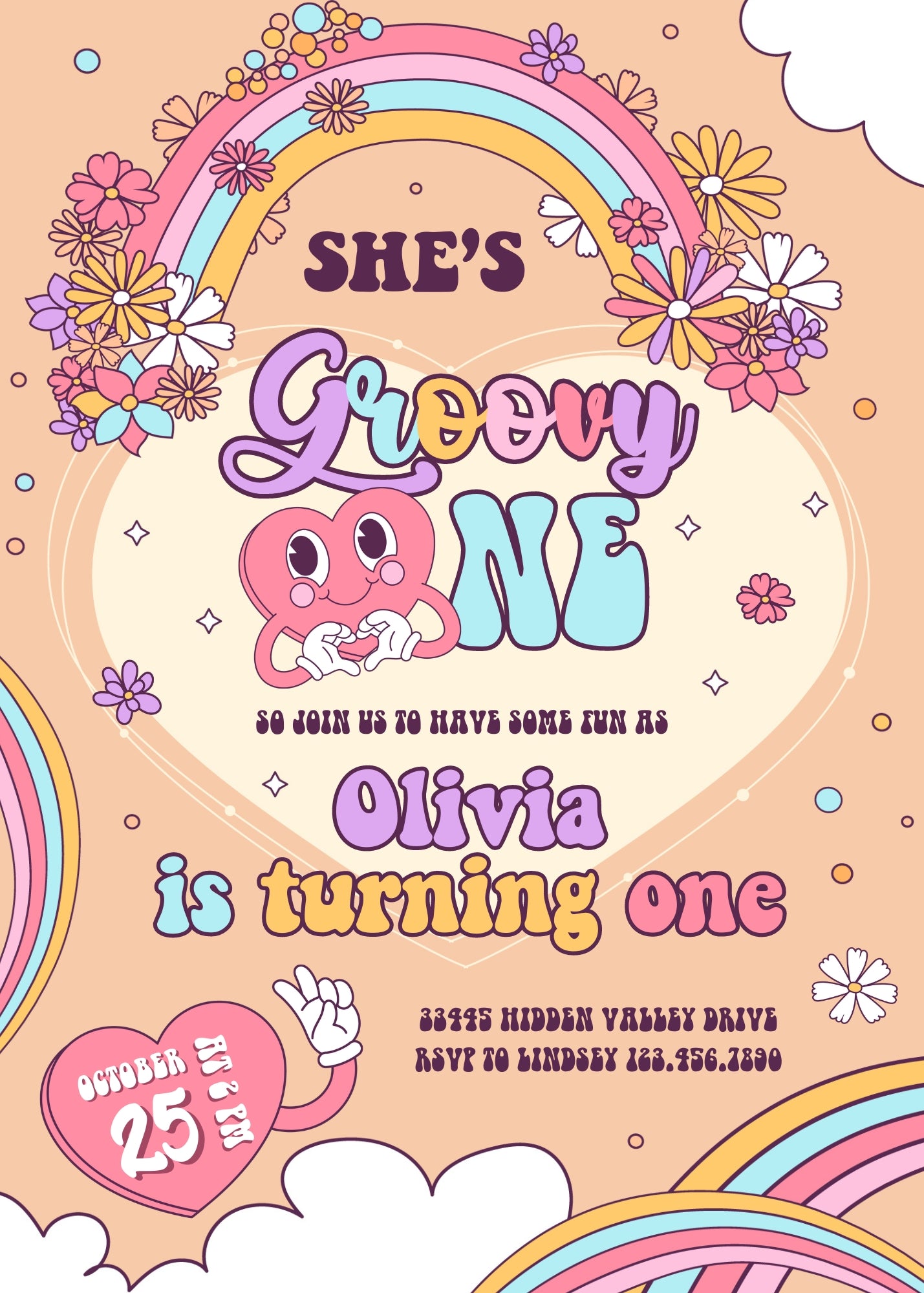 Groovy One First Birthday customizable invitation template | Share or Print | ZY196