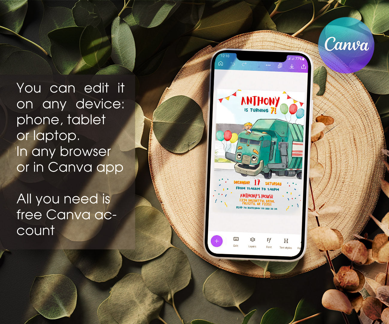 Trash Green Truck customizable invitation template | Share or Print | YL828