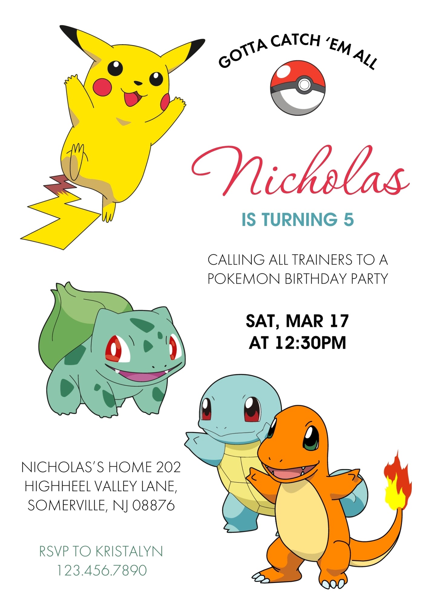 Pokemon Pikachu customizable invitation template | Share or Print | PV356