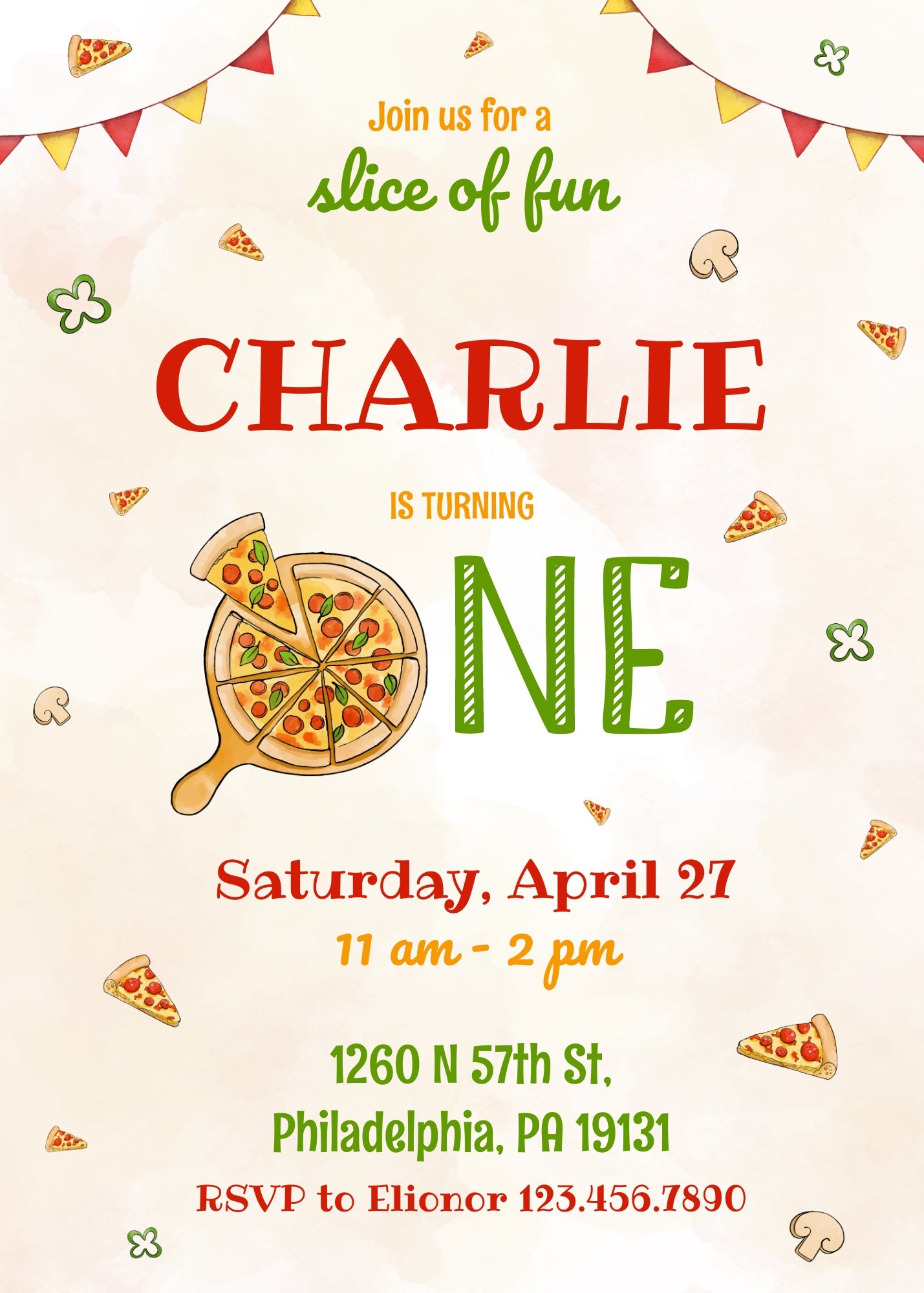 Pizza 1st Party customizable invitation template | Share or Print | JN790