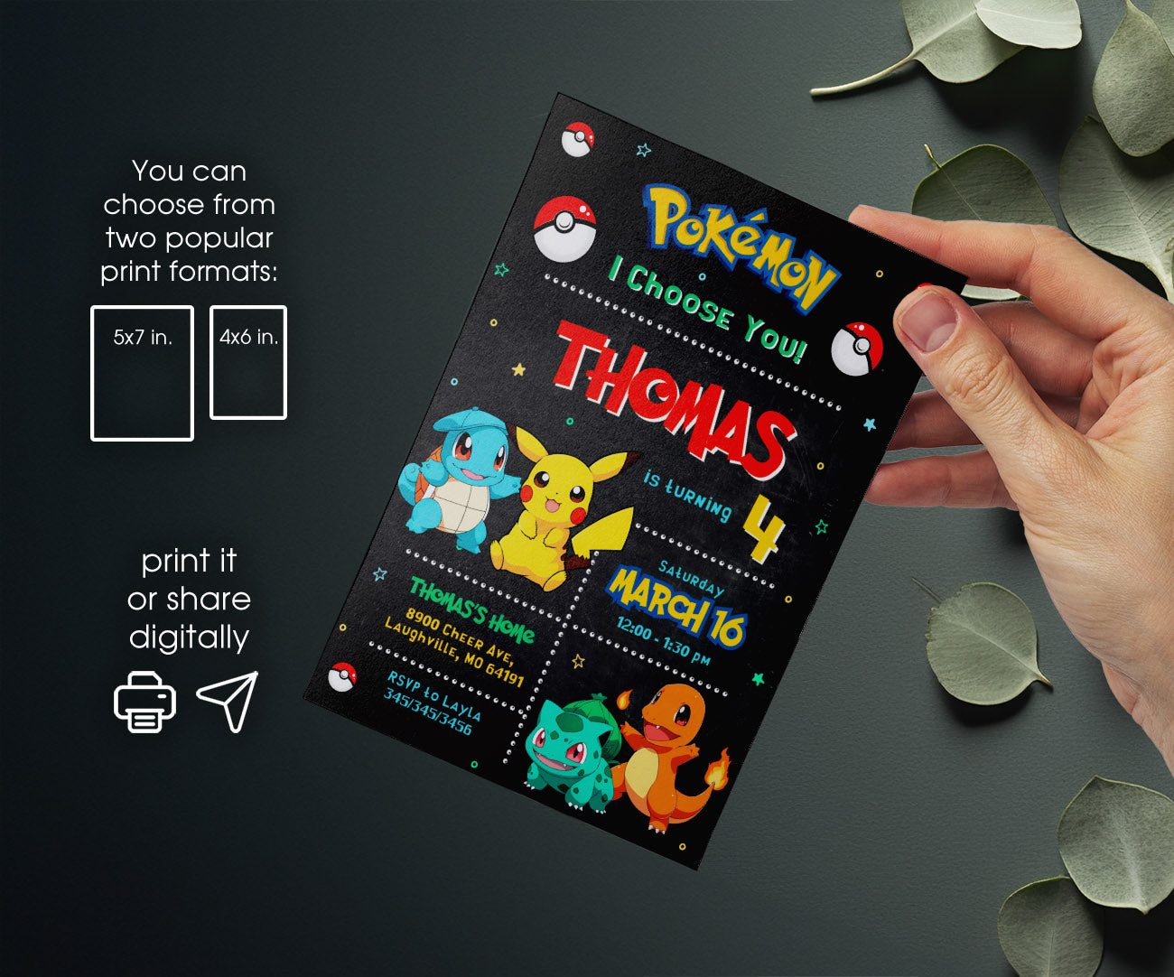 Pokemon Pikachu customizable invitation template | Share or Print | OK685
