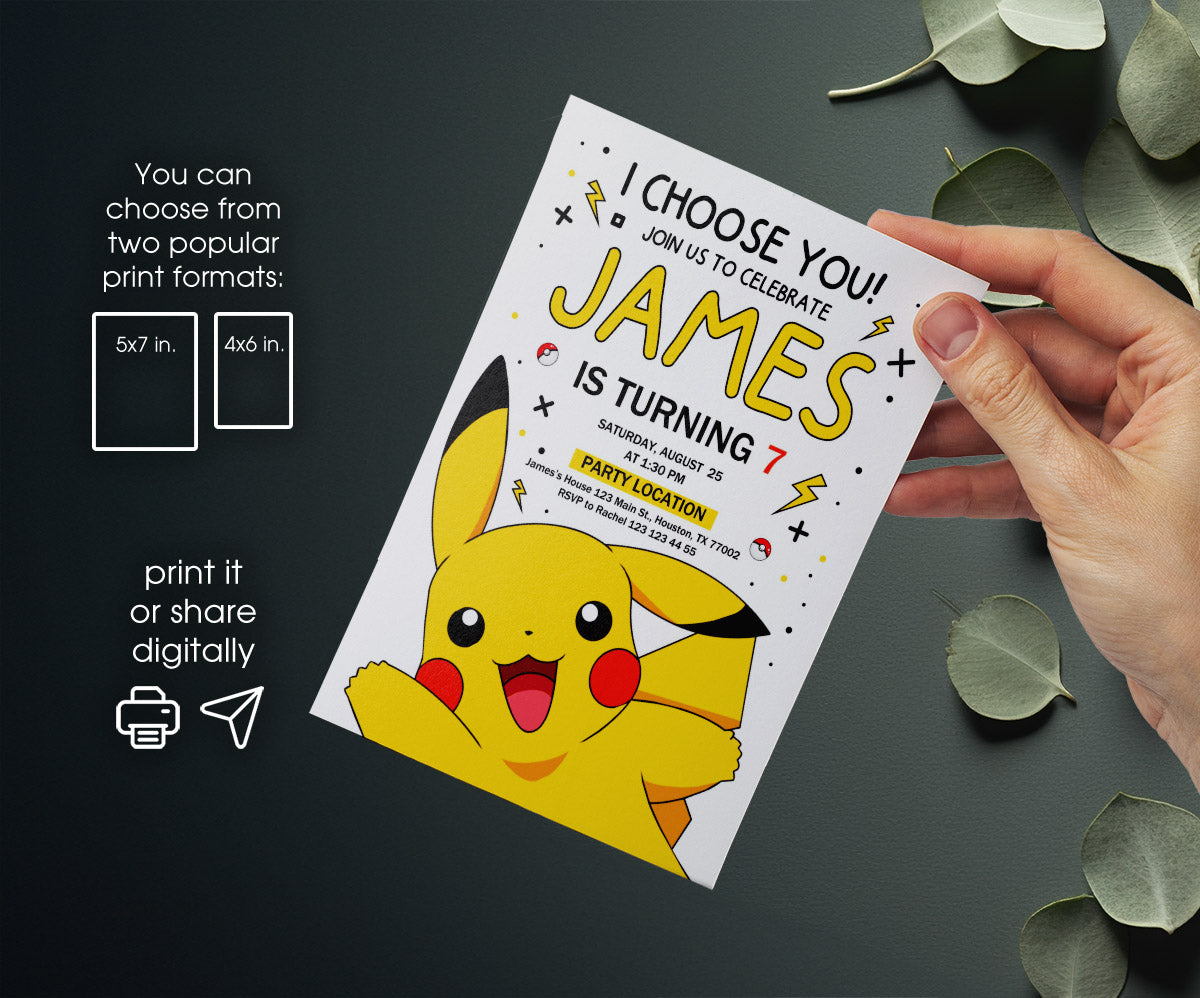 Pokemon Pikachu customizable invitation template | Share or Print | XA177