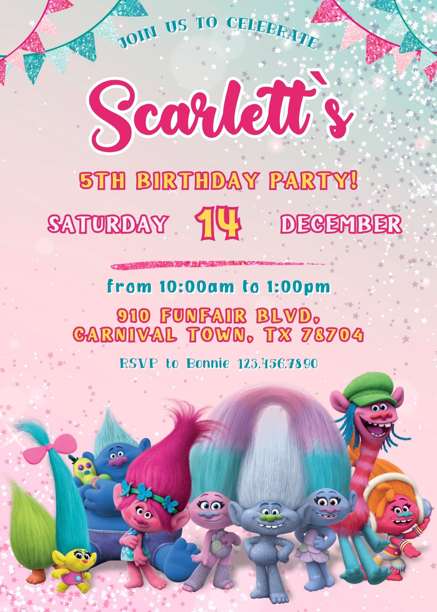 Trolls Poppy customizable invitation template | Share or Print | LA408