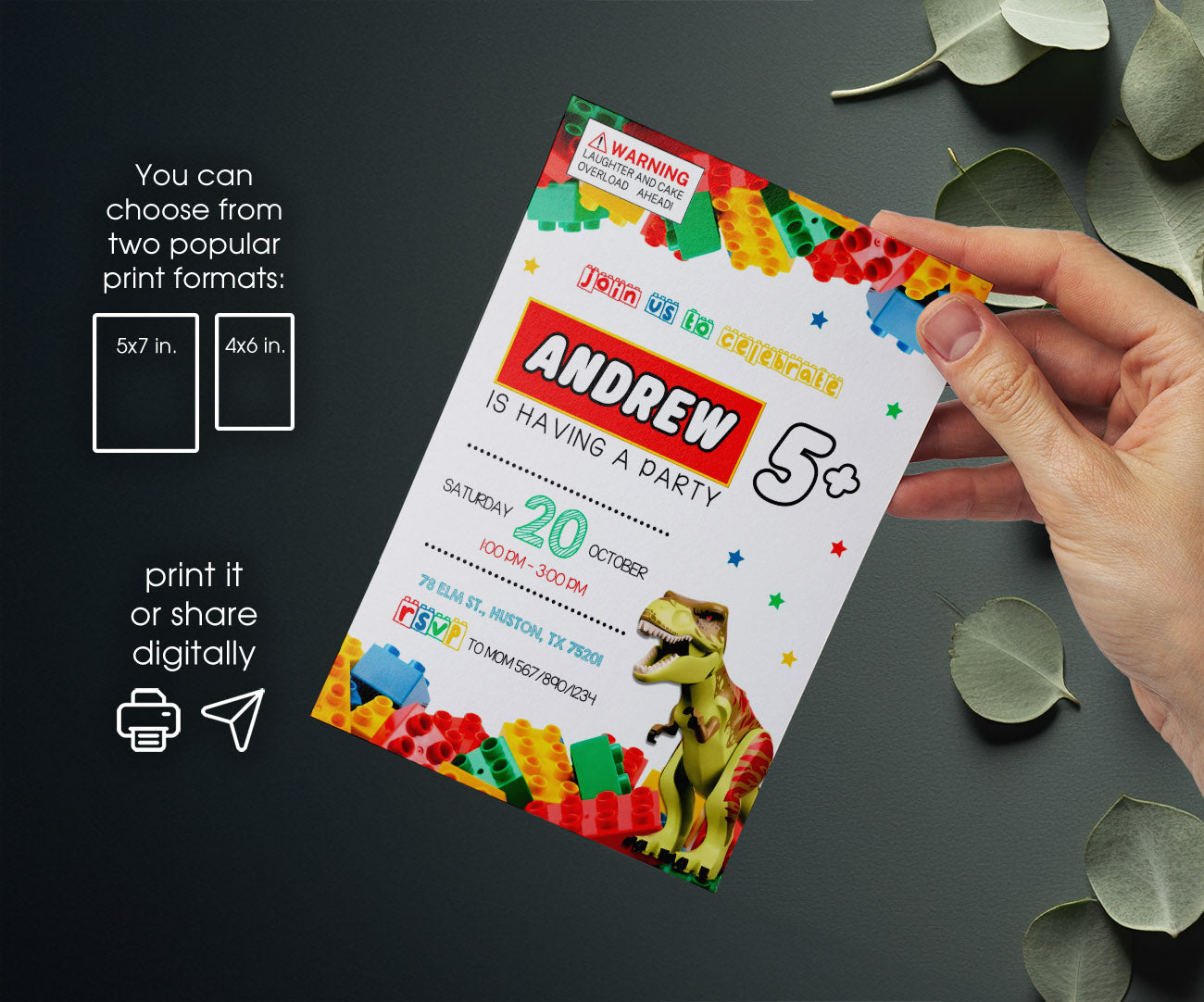 Lego Dinosaur T-Rex customizable invitation template | Share or Print | CT793