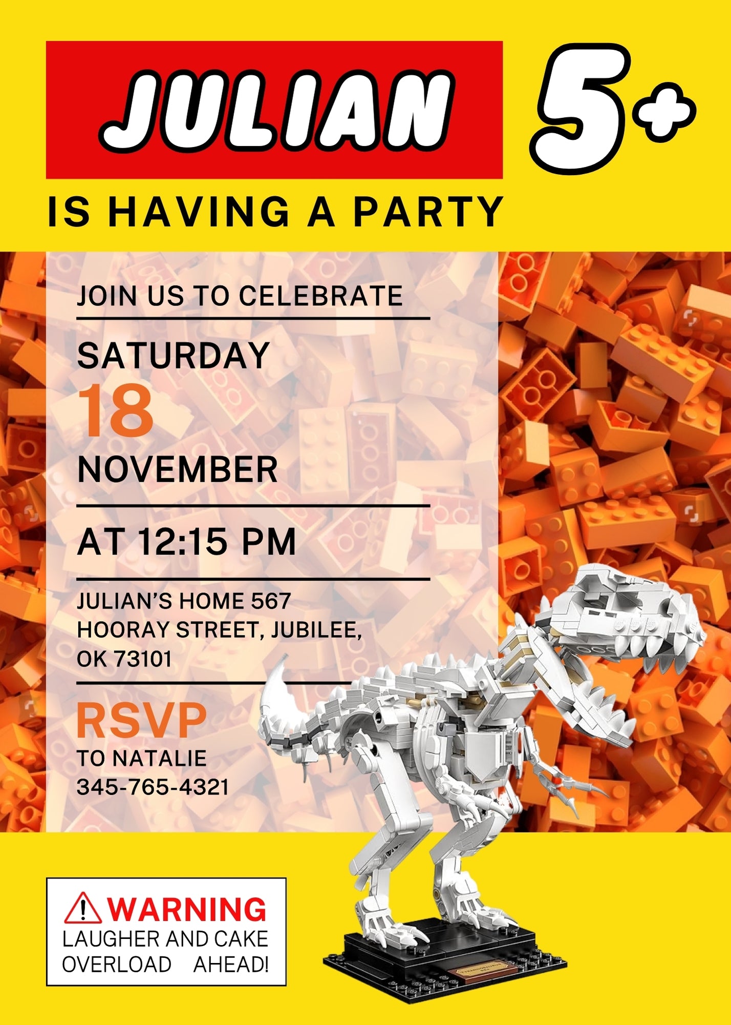 Lego Dinosaur T-Rex customizable invitation template | Share or Print | UW564