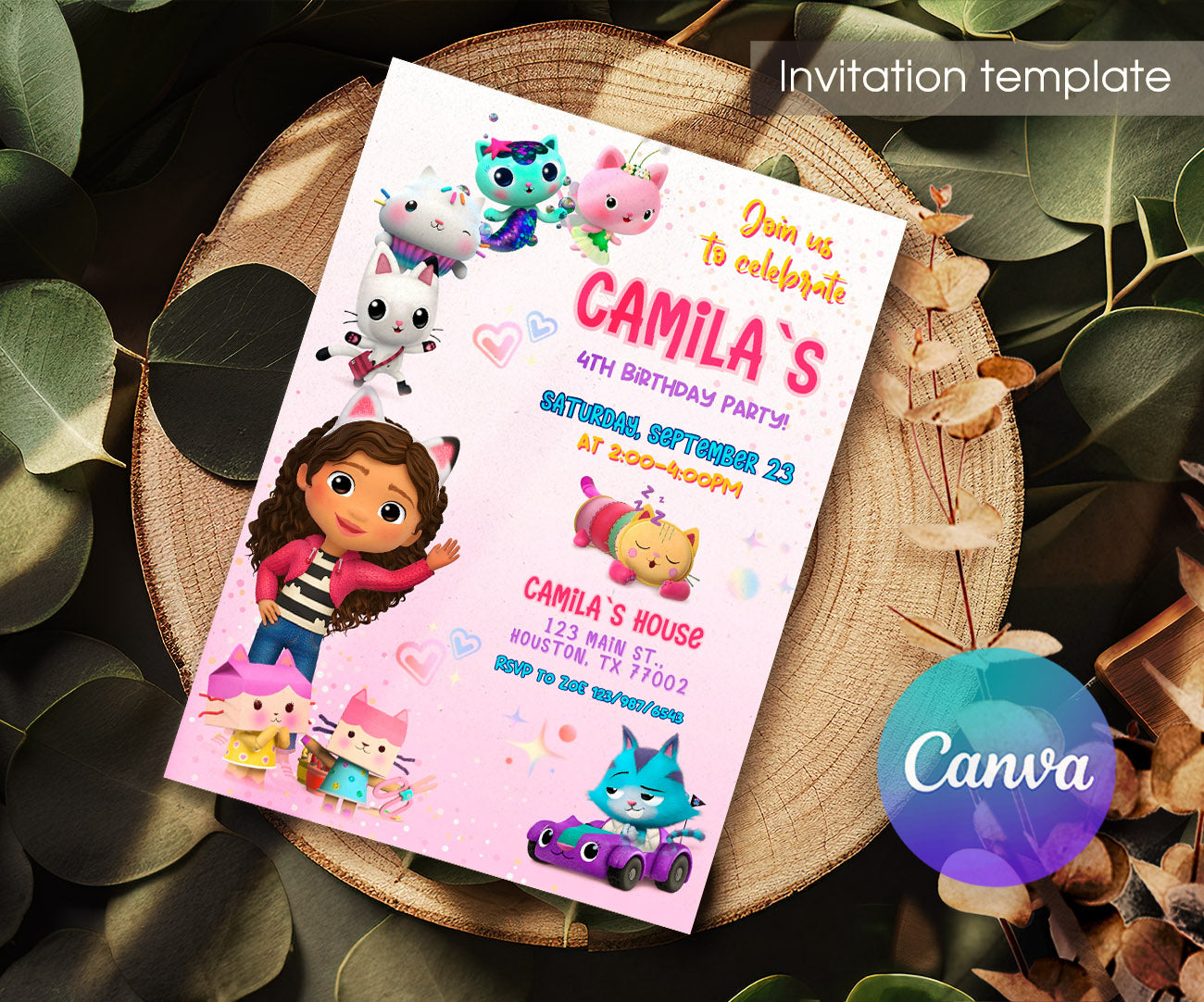 Gabby's Dollhouse Kitten customizable invitation template | Share or Print | girl | DU685
