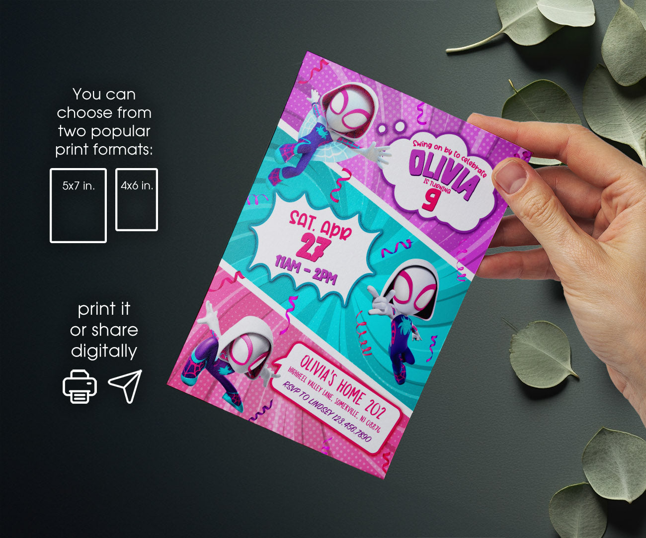 Spider Gwen Ghost Spidey customizable invitation template | Share or Print | girl | JH282