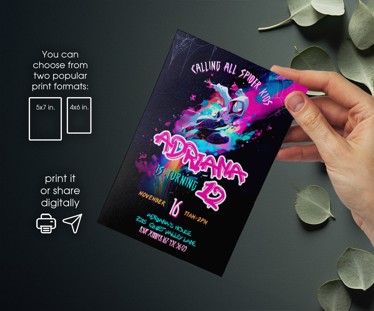 Spider Gwen Ghost Spidey customizable invitation template | Share or Print | girl | QN978