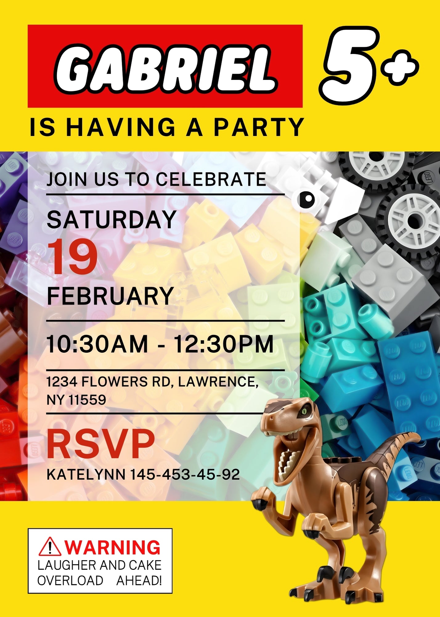 Lego Dinosaur T-Rex customizable invitation template | Share or Print | FG130
