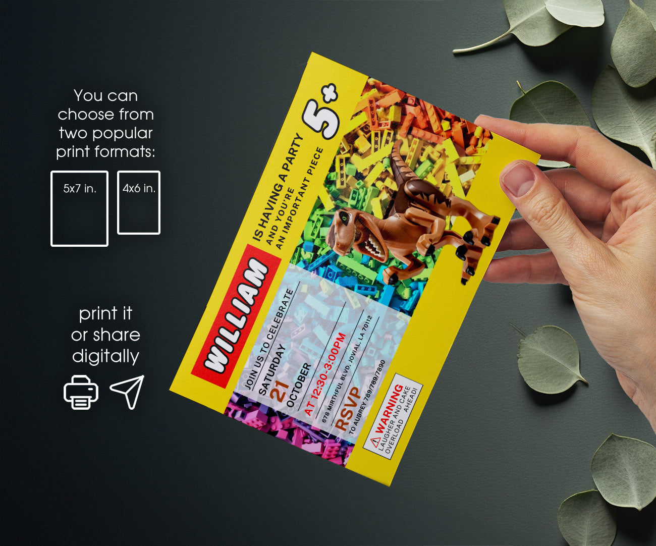 Lego Dinosaur T-Rex customizable invitation template | Share or Print | YR671