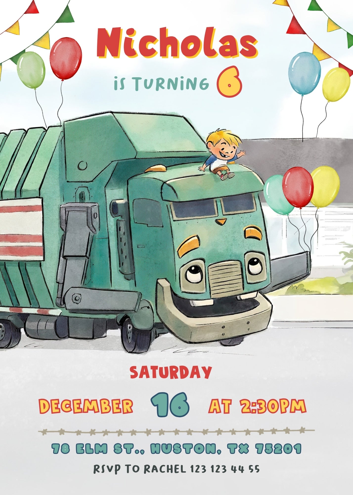 Trash Green Truck customizable invitation template | Share or Print | SQ961