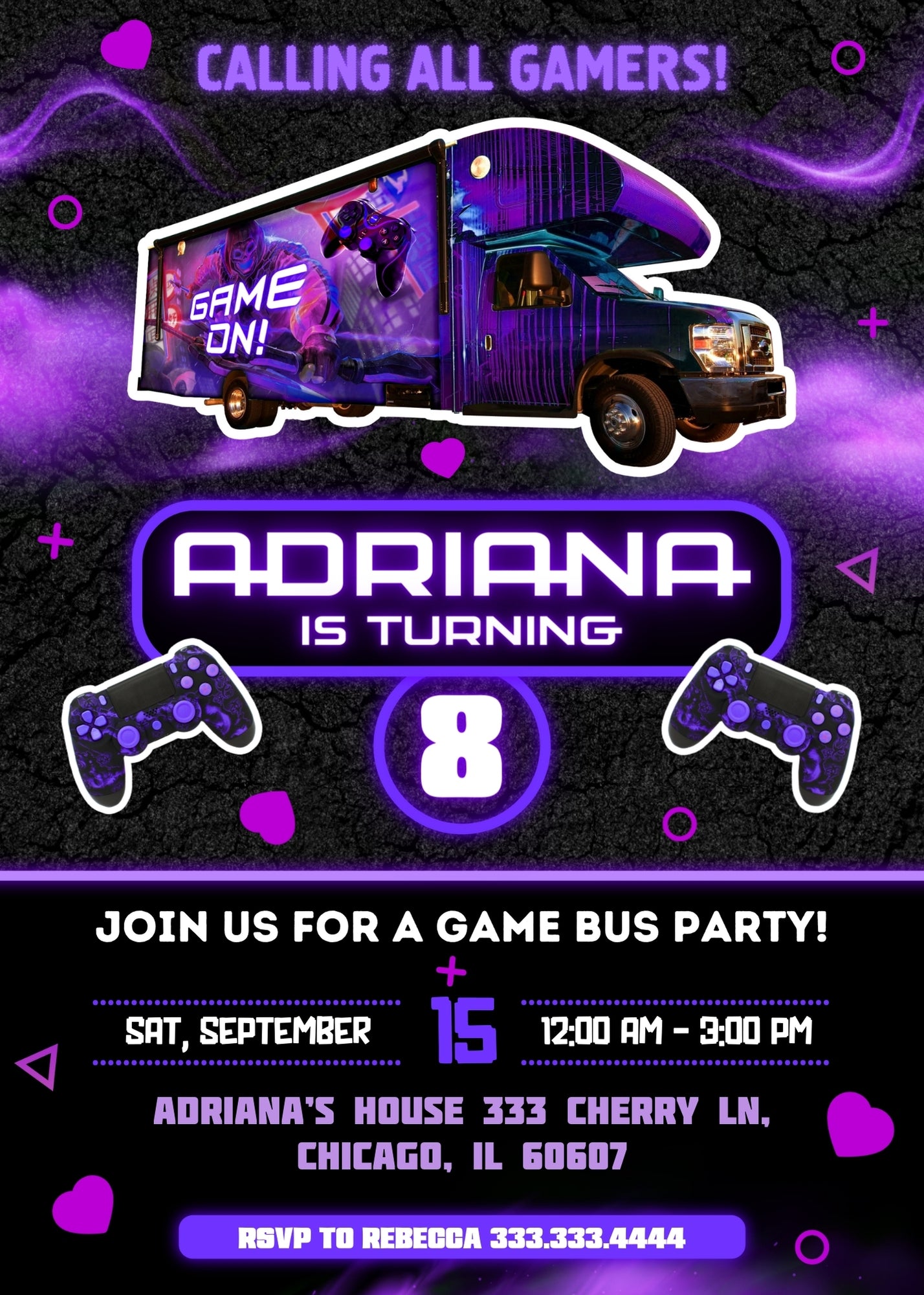 Video Game Bus Gamer customizable invitation template | Share or Print | boy | FD827