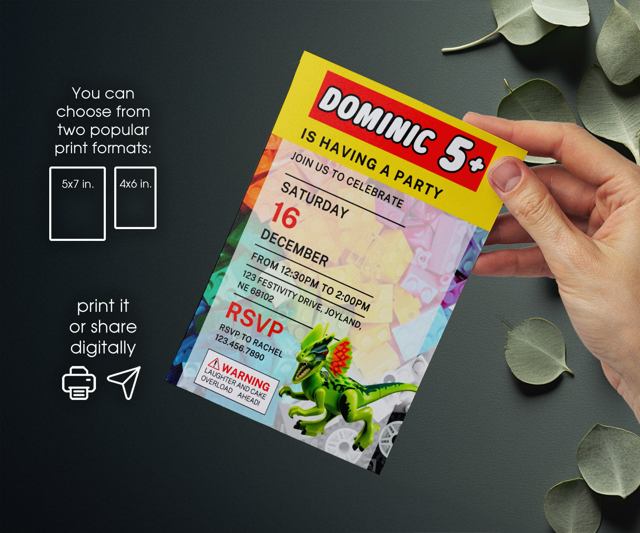 Lego Dinosaur T-Rex customizable invitation template | Share or Print | PB430
