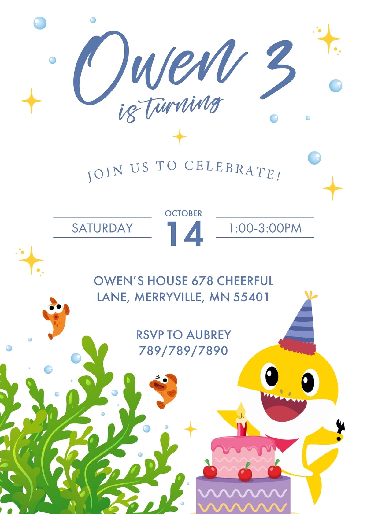 Baby Shark customizable invitation template | Share or Print | KN789