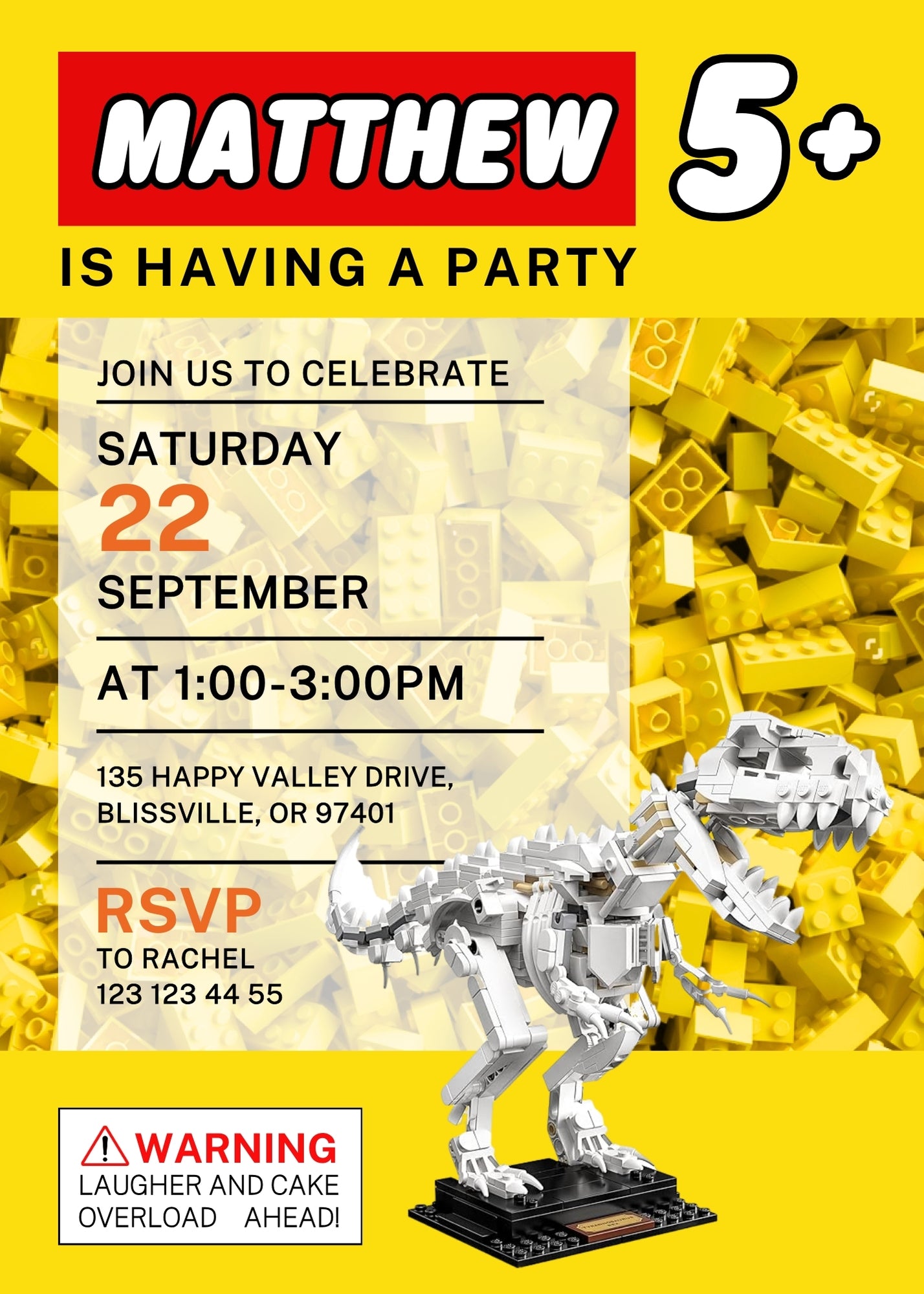Lego Dinosaur T-Rex customizable invitation template | Share or Print | WE614