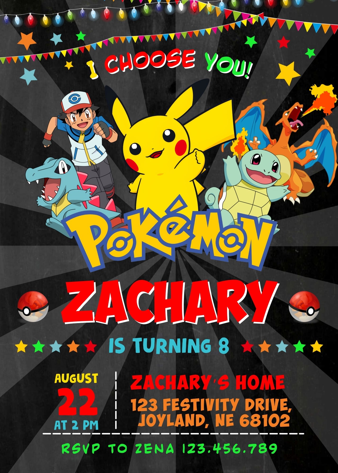 Pokemon Pikachu customizable invitation template | Share or Print | JO587