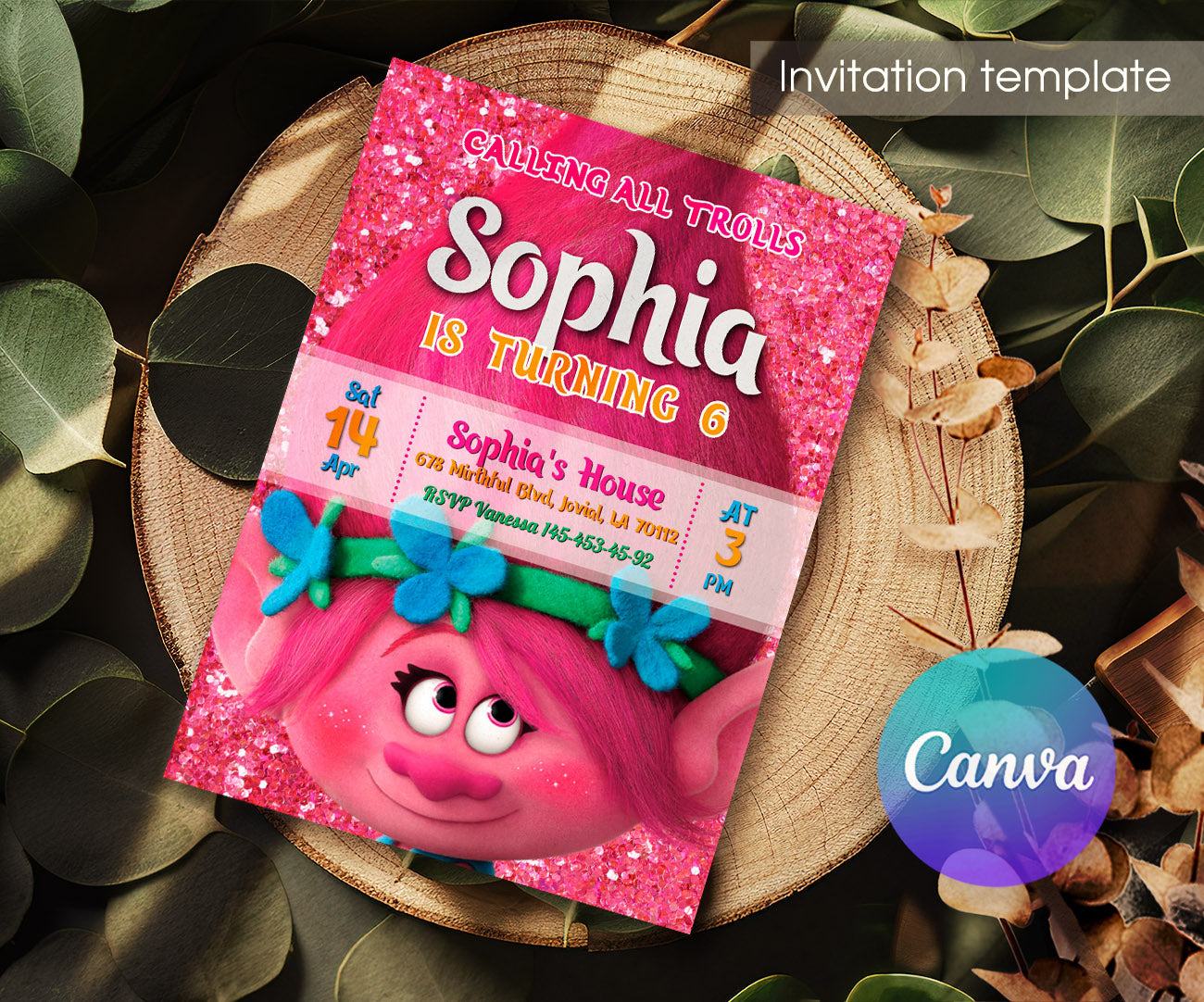 Trolls Poppy customizable invitation template | Share or Print | KU449